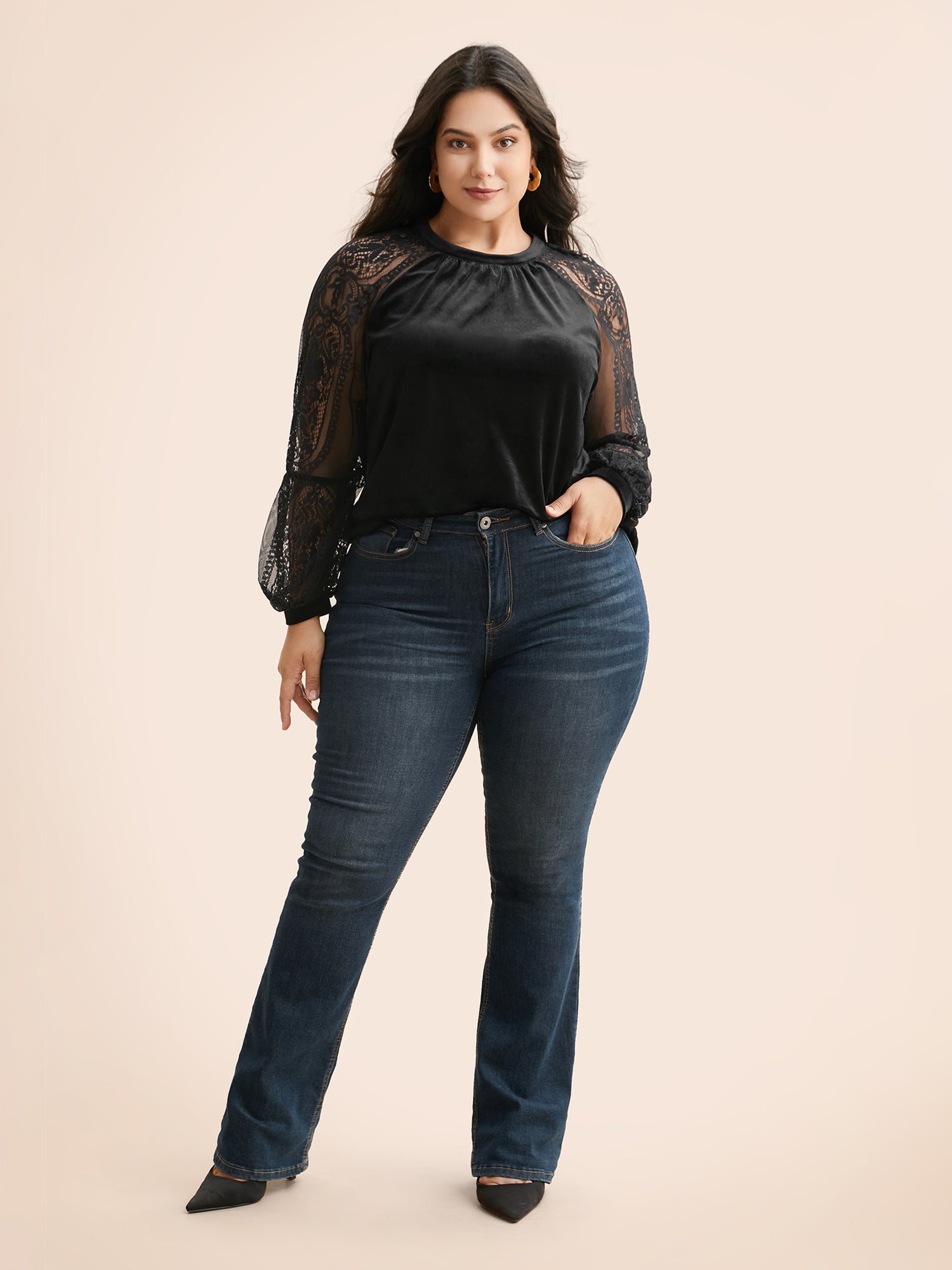 Lace Patchwork Velvet Raglan Sleeve Blouse