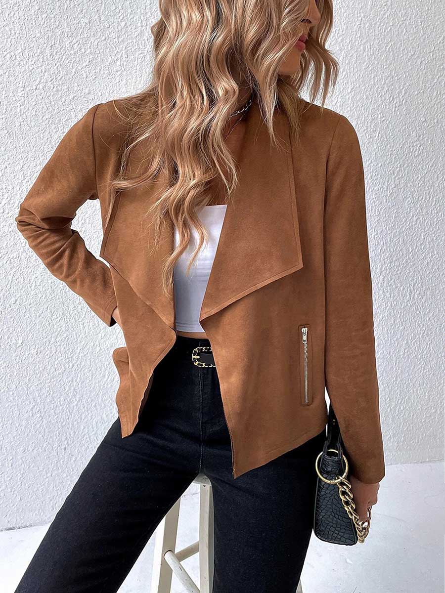 Leather Velvet Lapel Long Sleeve Zipper Jacket