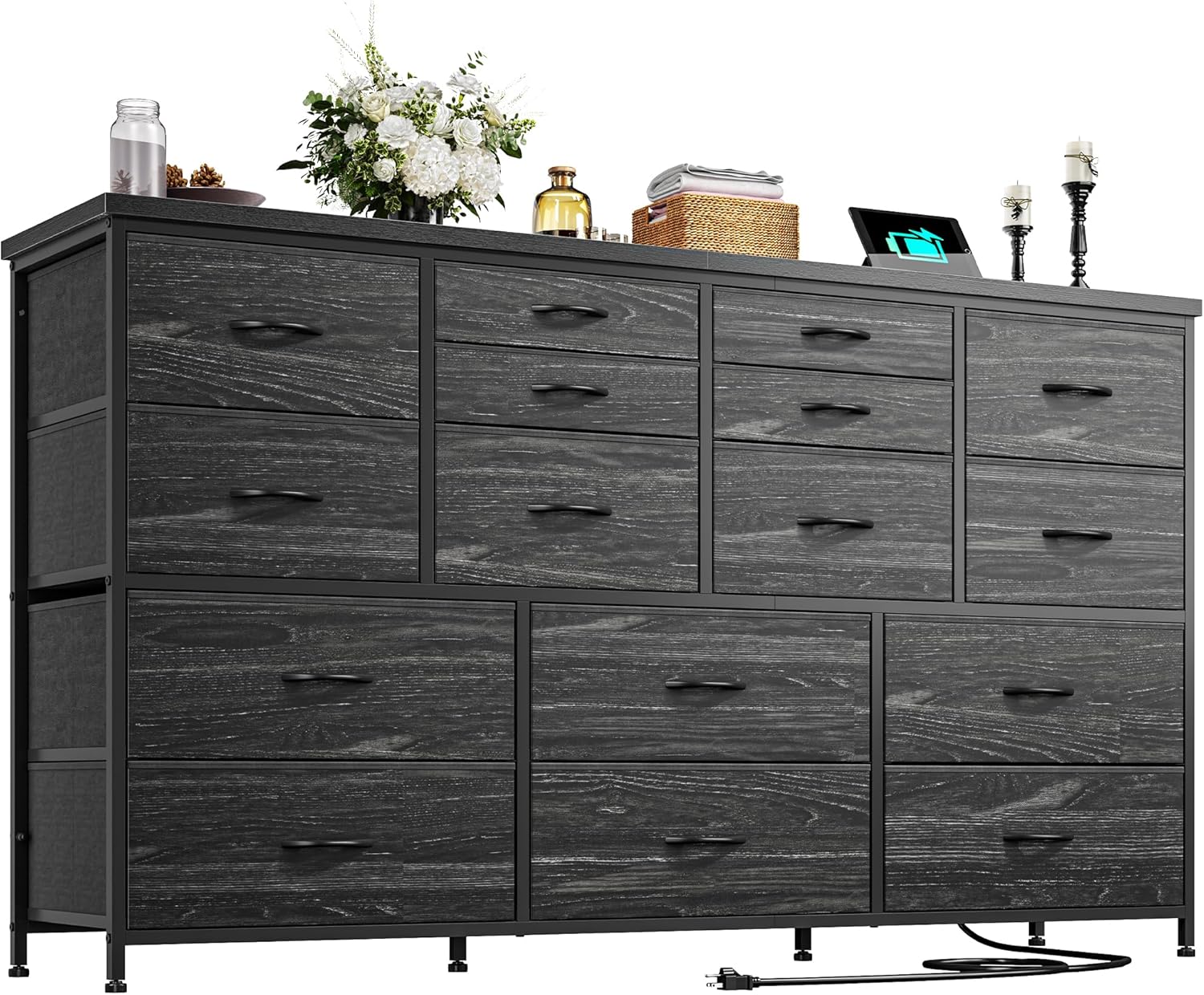 Dresser for Bedroom with 16 Fabric Drawers Long Dresser with Charging Station TV Stand for 60