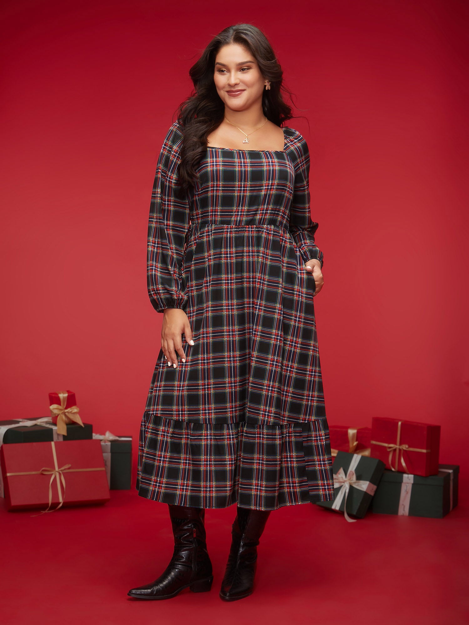 Plaid Square Neckline Puffy Sleeve Midi Dress