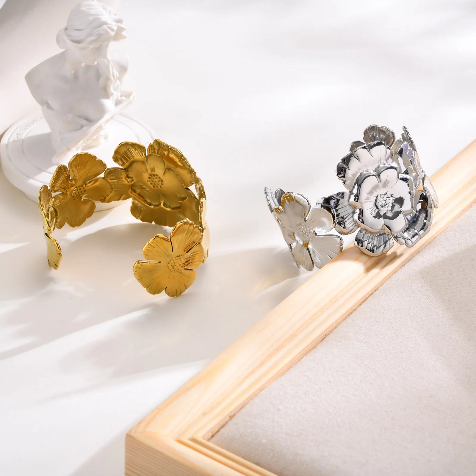 18k Floral Cuff Bangle Bracelets