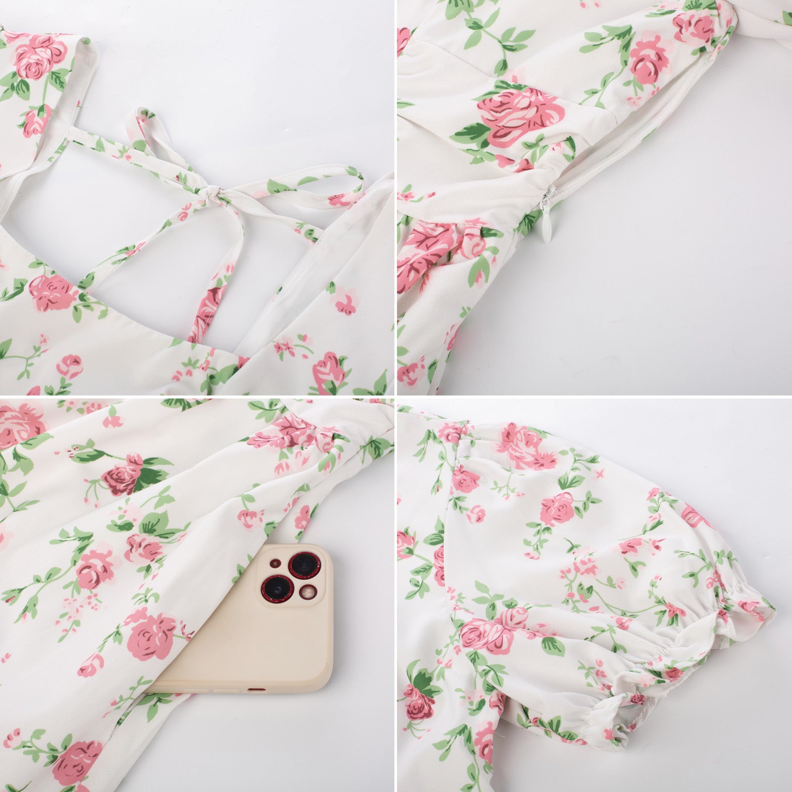 Vintage Daisy Flower Print Cottagecore Cocktail Dresses Square Neck Puff Sleeve Dress with Pockets