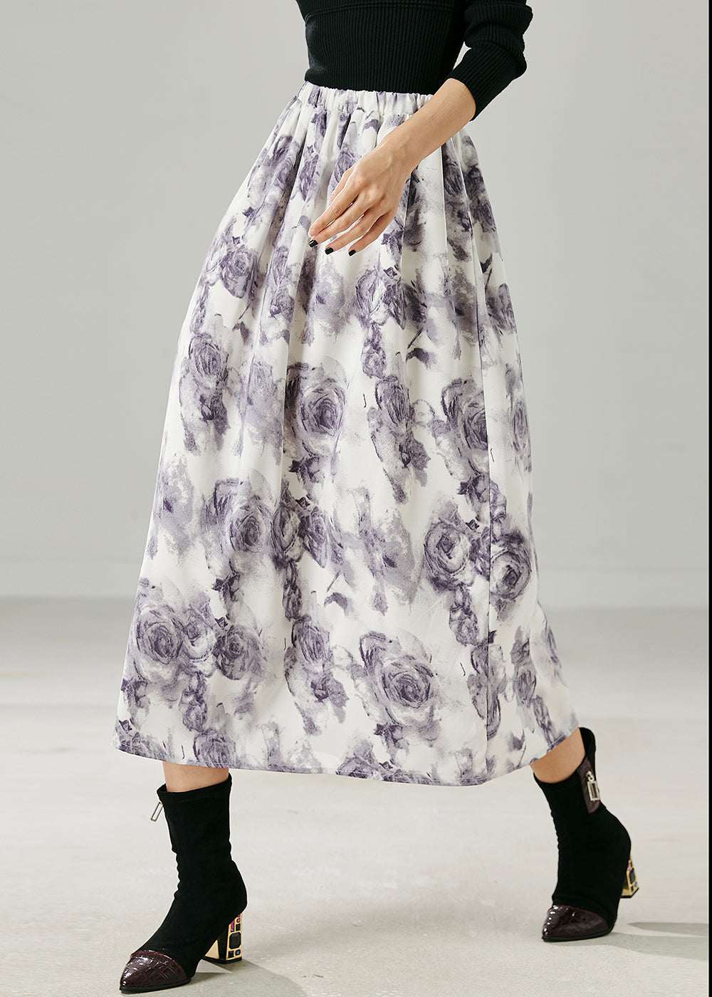 Stylish White Elastic Waist Floral Print Chiffon Skirt Summer