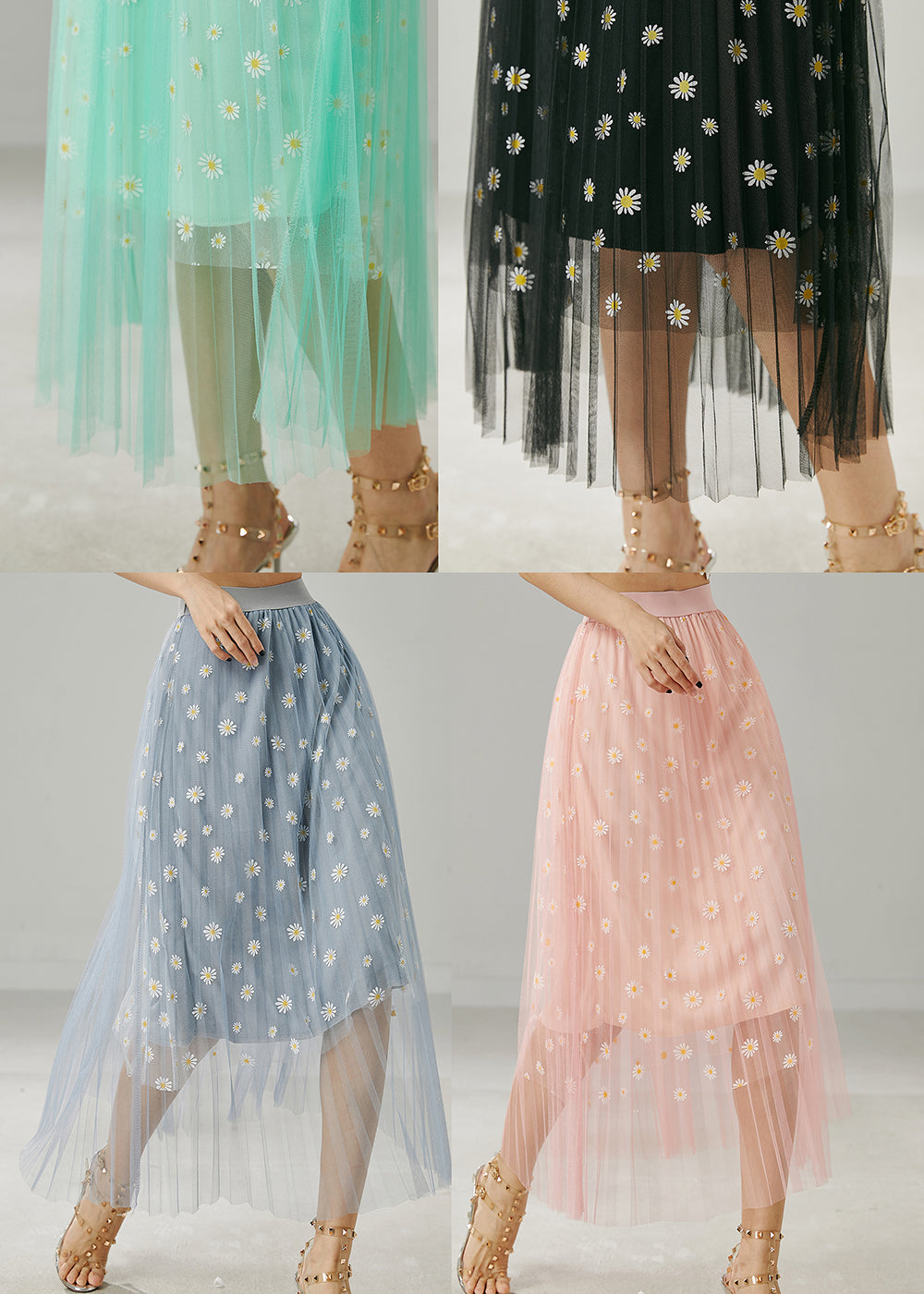 Black Slim Fit Tulle Skirt Chrysanthemum Embroidered Summer