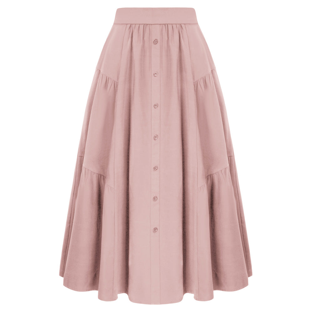 Solid Color Tiered Swing Skirt High Waist Button Decorated A-Line Skirt