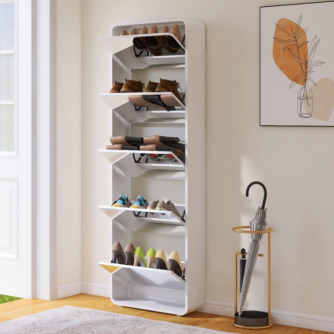 Entrance Shoe Locker, 5 Tier Full Length Mirror Shoe Organizer Wooden Narrow Shoe Cabinet, White Shoe Rack for Front Door Entrance Outdoor