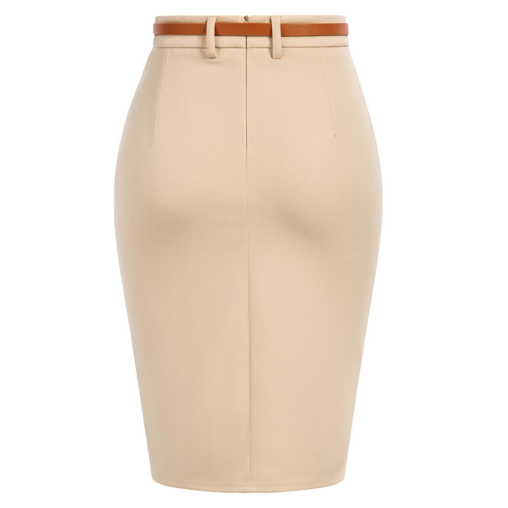Vintage High Waist Front Slit Knee Length Ruched Pencil Skirt with Belt
