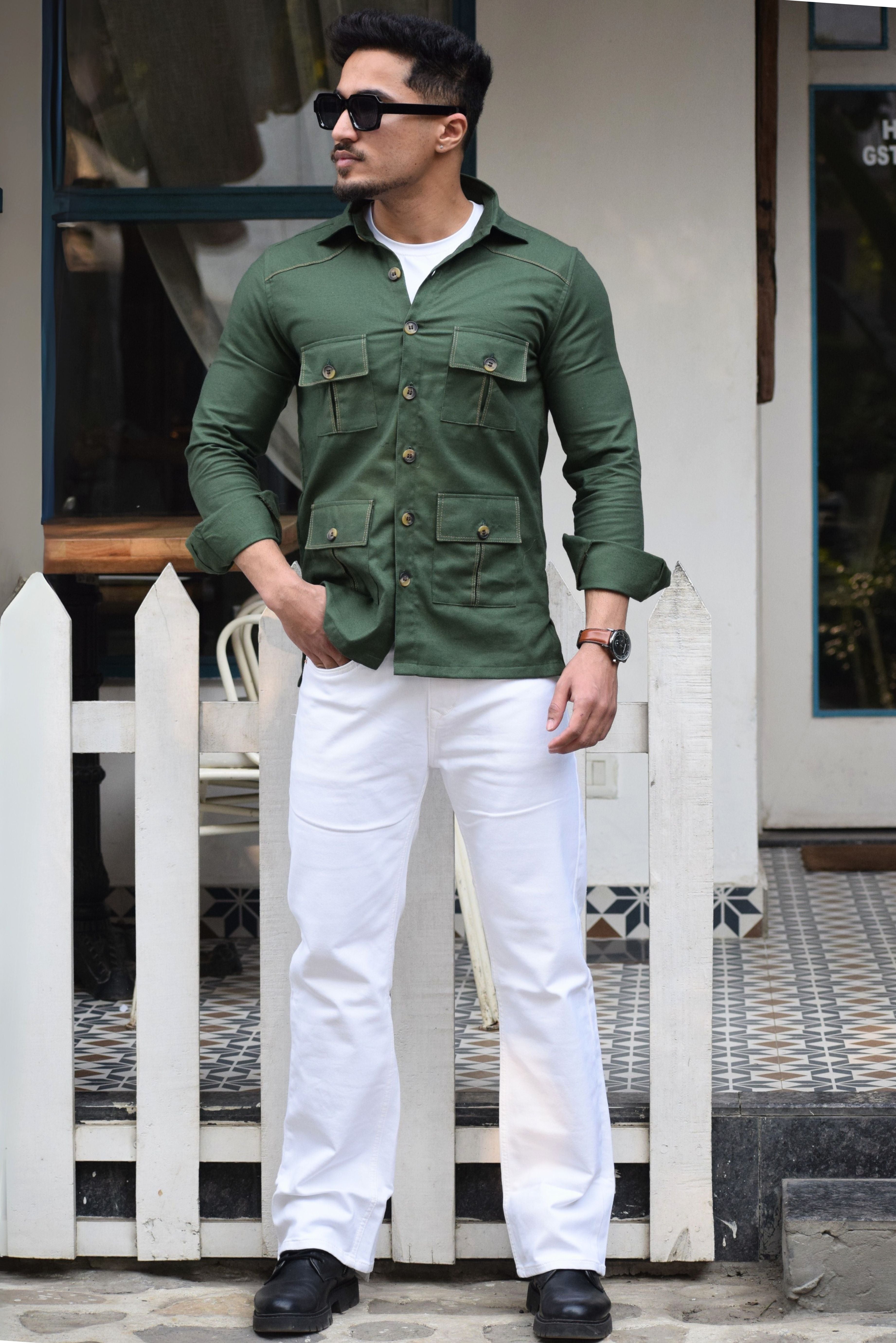 Hunter-Green Cotton Twill Hunting Style Shirt