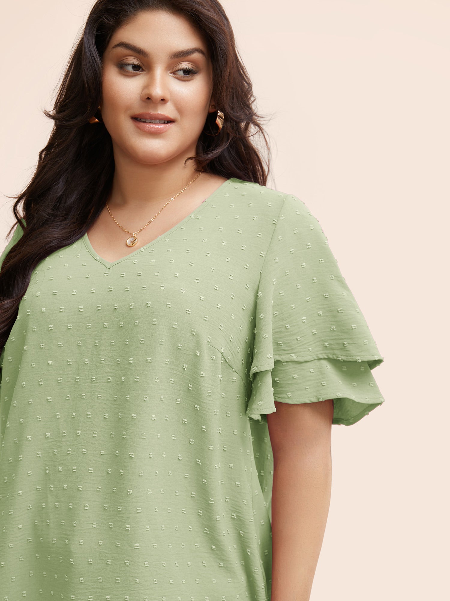 Plain Ruffle Tiered Sleeve V Neck Polka Dot Blouse