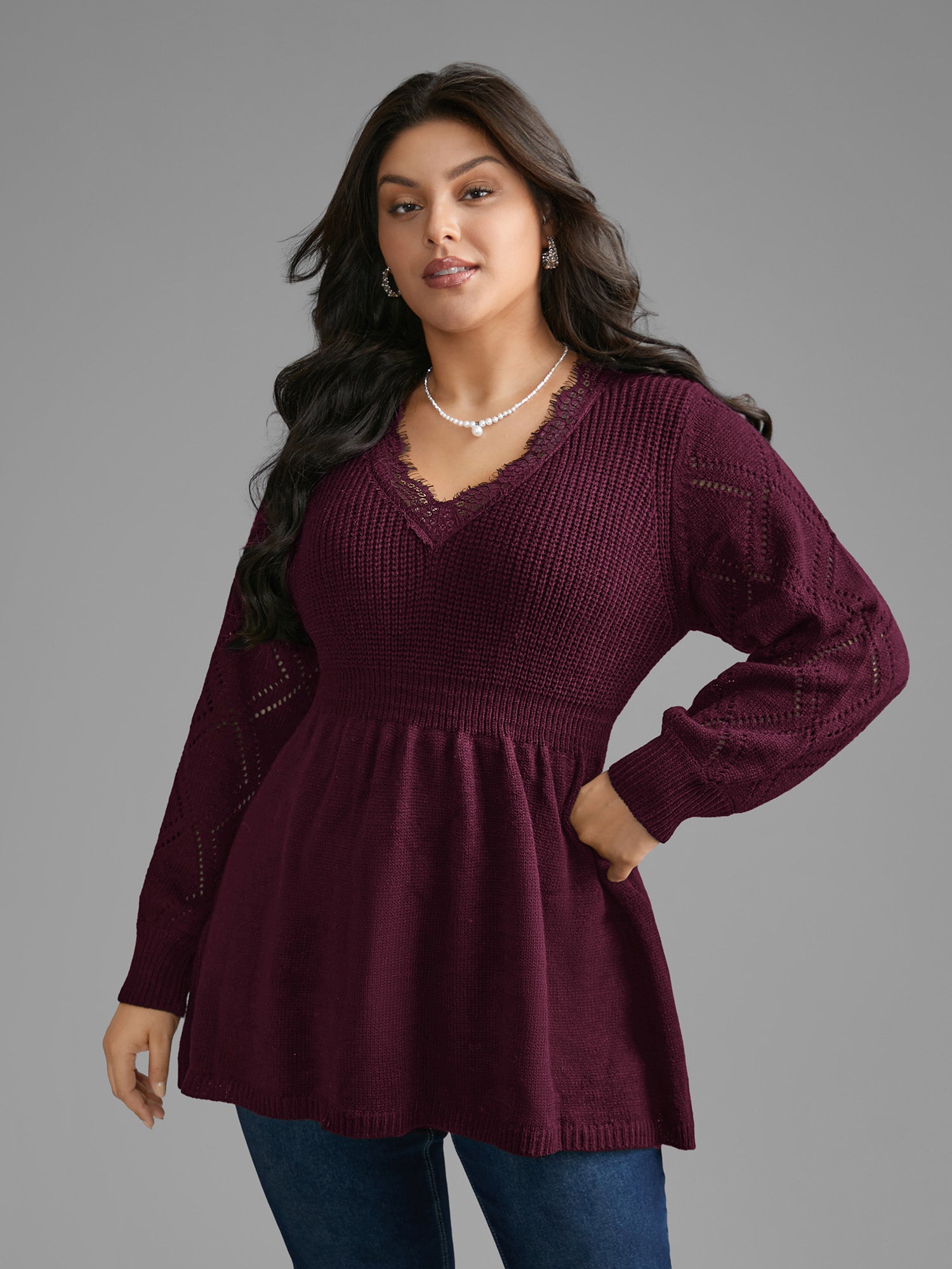 V Neck Lace Panel Lantern Sleeve Pullover