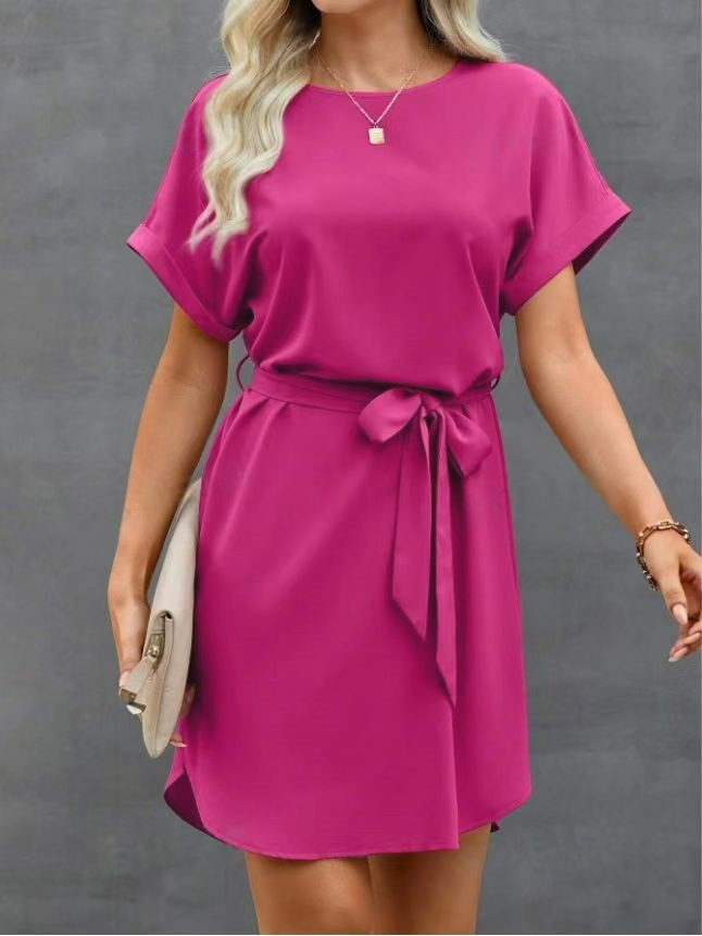 Loose Short Sleeves Solid Color Tied Waist Round-Neck Mini Dresses