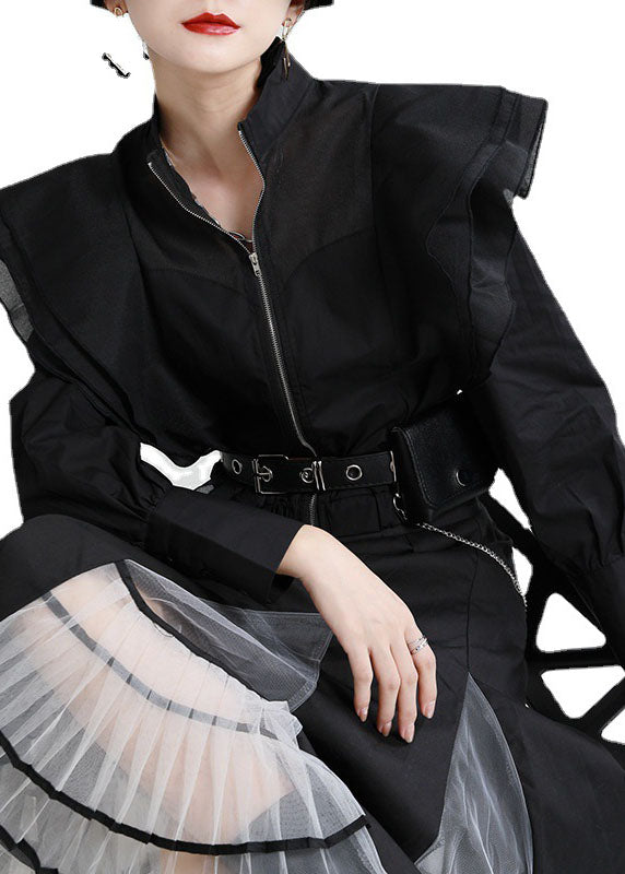 Vintage White Ruffles Zippered Patchwork Tulle Fall Long sleeve Coat