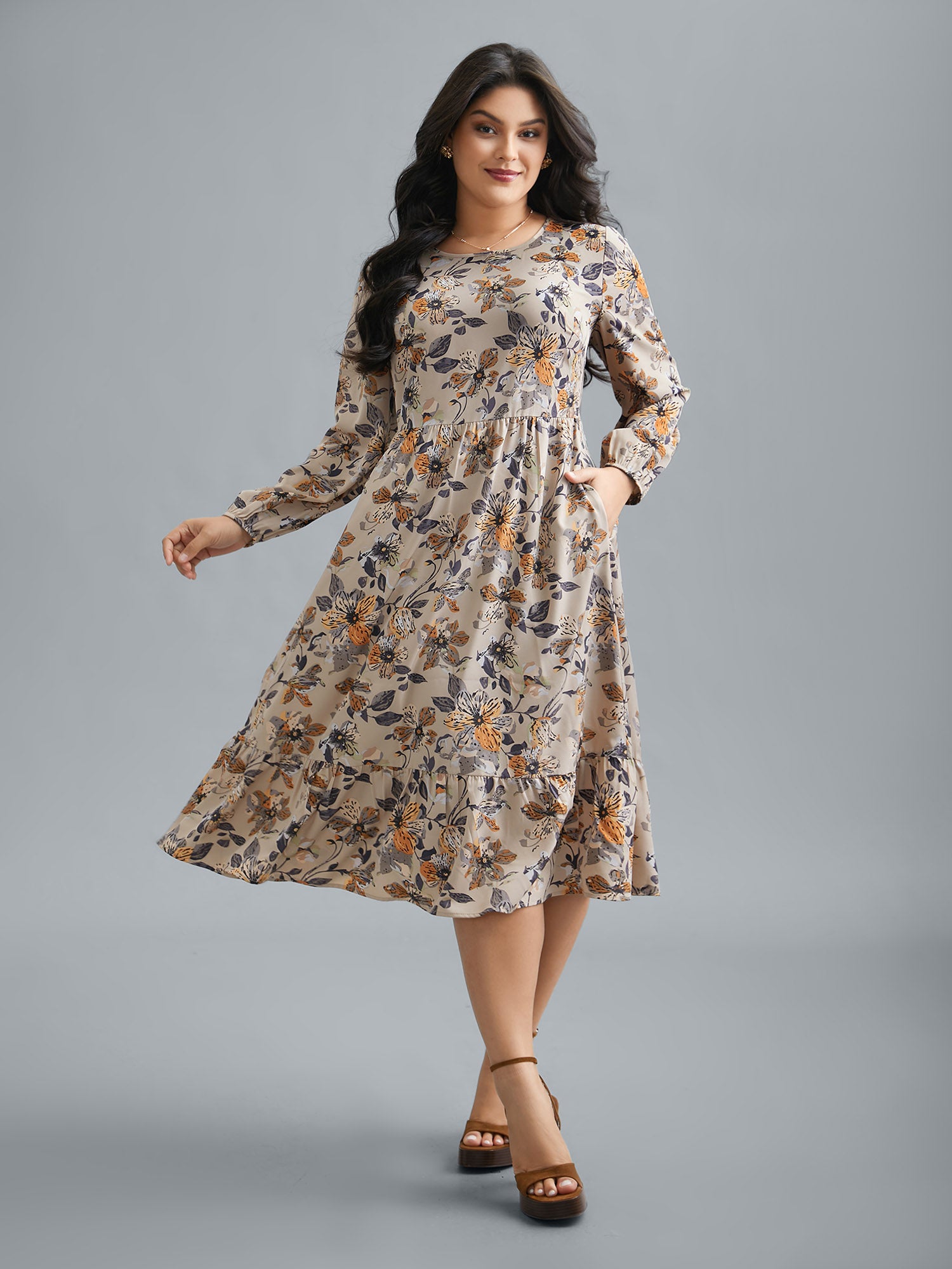 Floral Stretchy Waist-Cinched Pocket Dress