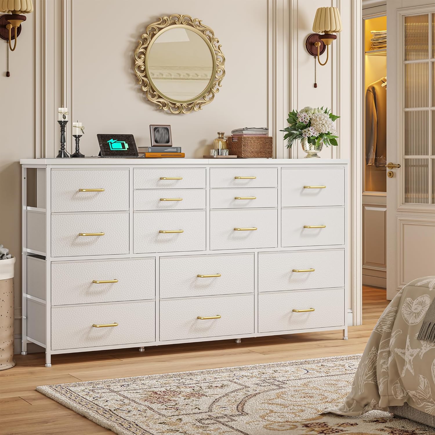 Dresser for Bedroom with 16 Fabric Drawers Long Dresser with Charging Station TV Stand for 60