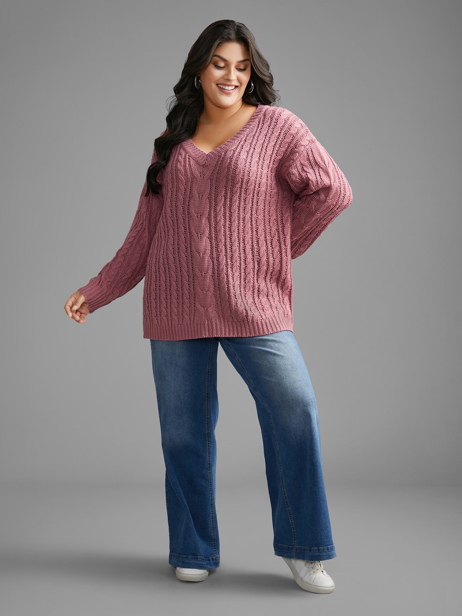 V Neck Texture Cable Knit Pullover
