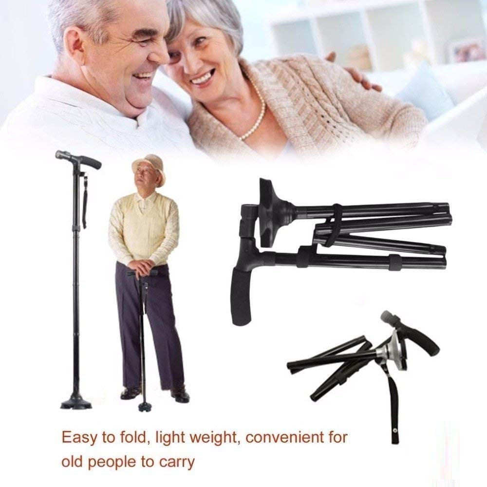 Twin Grip Cane LED Folding Walking Triple Head Pivot Base Adjustable