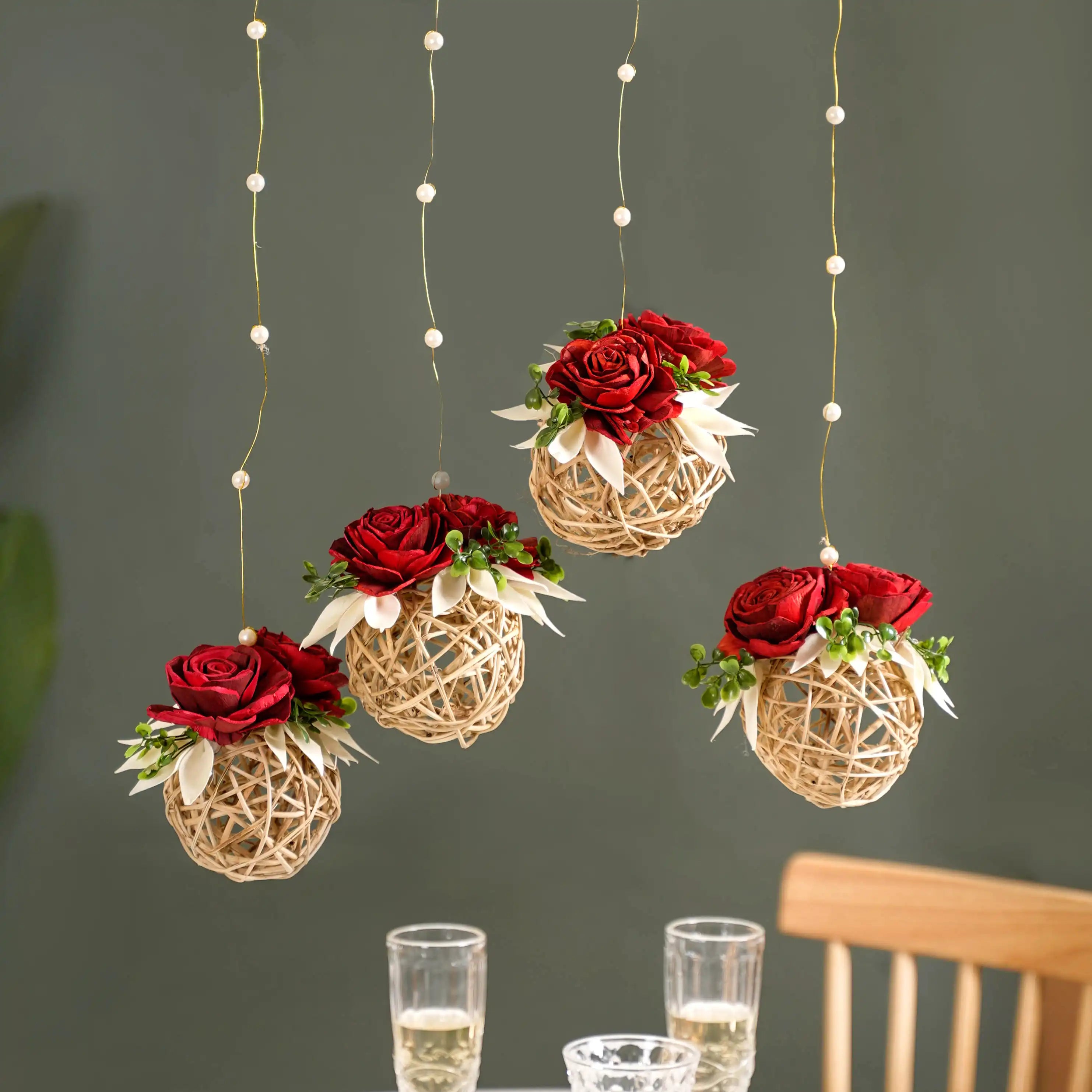 Natural Rose Rattan Hanging Decoration Sustainable Set Of 4