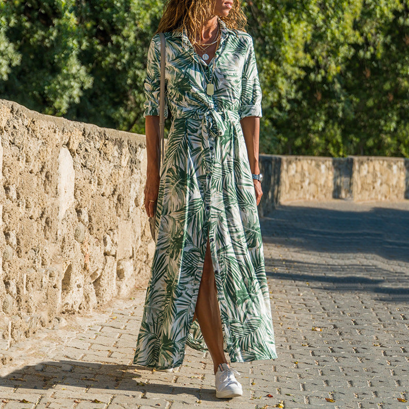Printed Lace-Up Loose Maxi dress