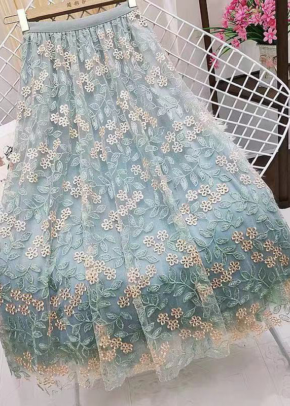 Green Casual Embroidered Straight Fall Skirts