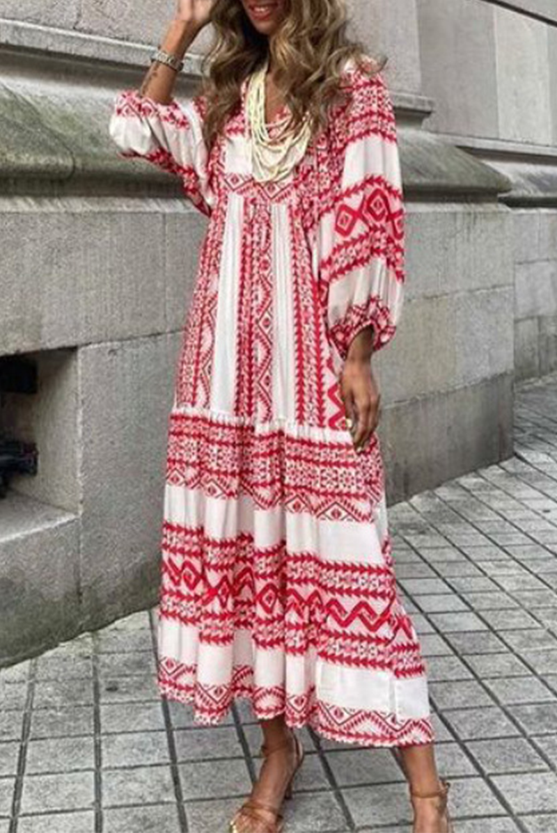 Casual Geometric Frenulum Flounce V Neck A Line Dresses(7 Colors)