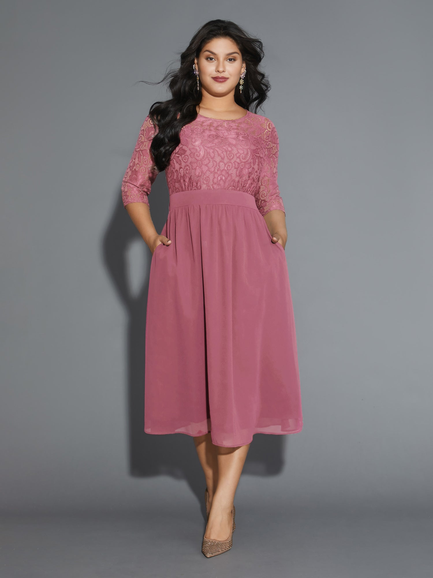 Lace Patchwork Shirred Midi Pocket Dress