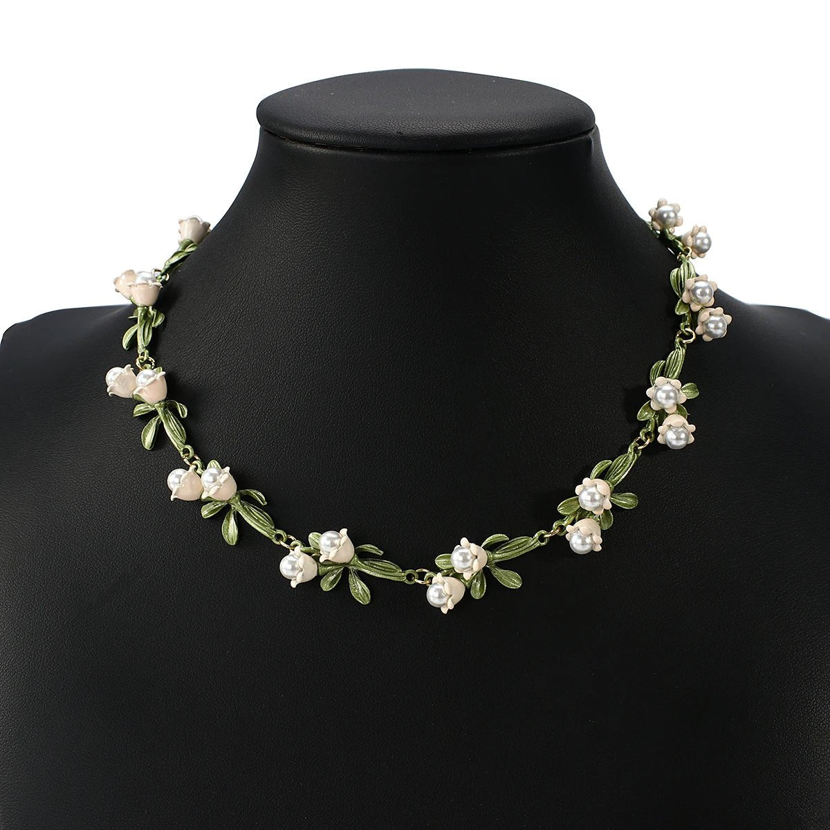 Lily of the Valley Pearl Choker Necklace. Bracelet. and Earrings Set
