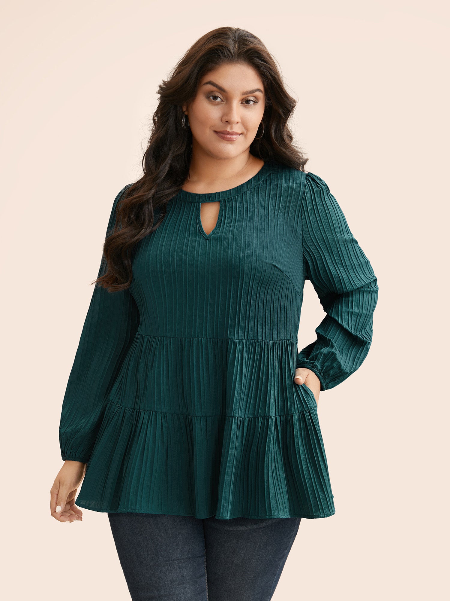 Textured Keyhole Pocket Lantern Sleeve Blouse