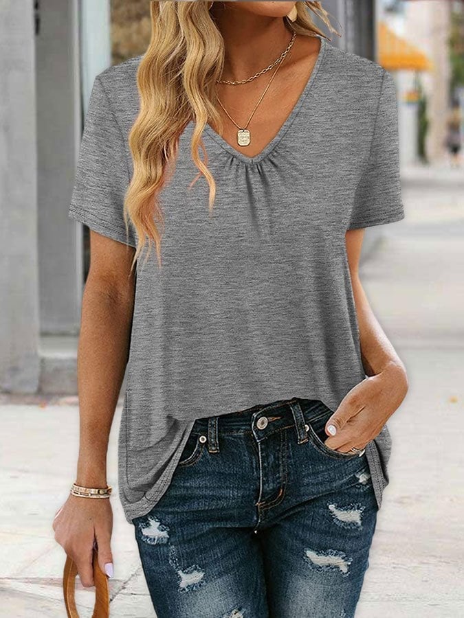 Women's V-Neck Gathered Loose Short Sleeve T-Shirt