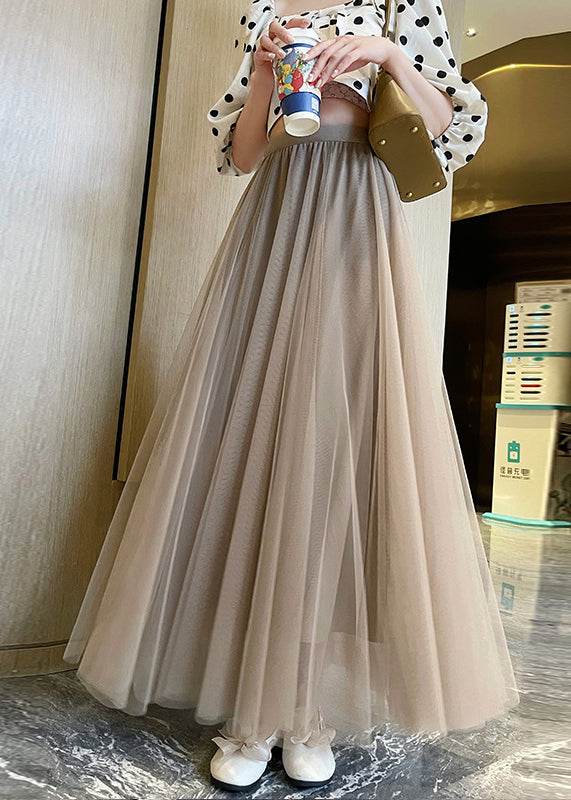 Khaki High Waist Wrinkled Tulle Skirts Summer