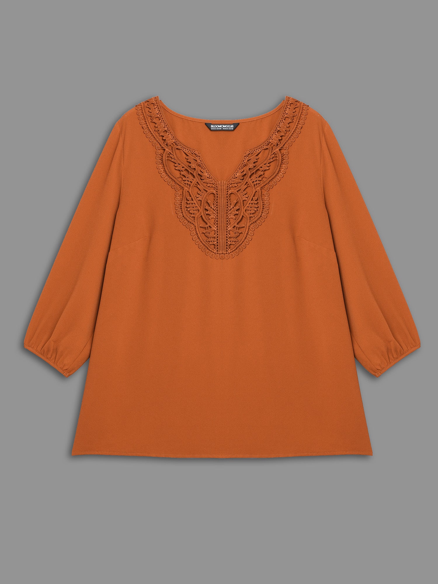 Notched Lace Trim Gathered Blouse