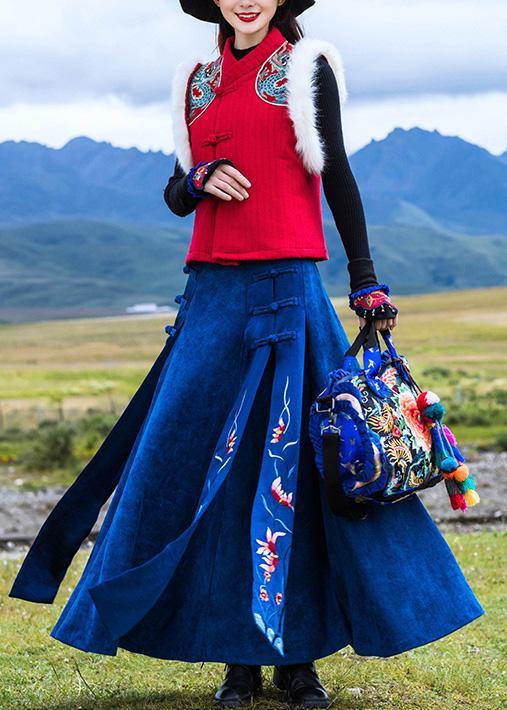 Elegant navy cotton quilting clothes Chinese Button loose embroidery skirts