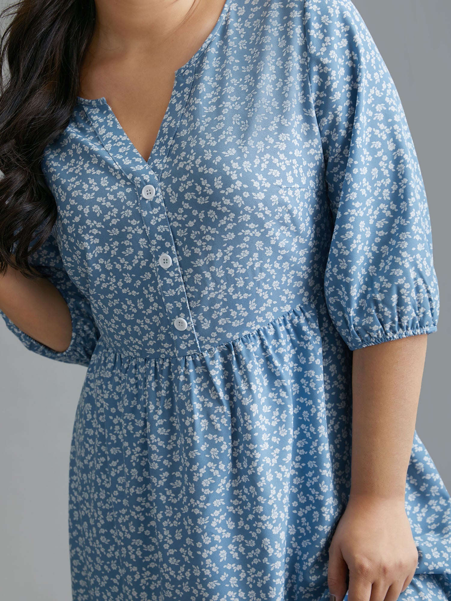 Notched Ditsy Floral Button Midi Dress