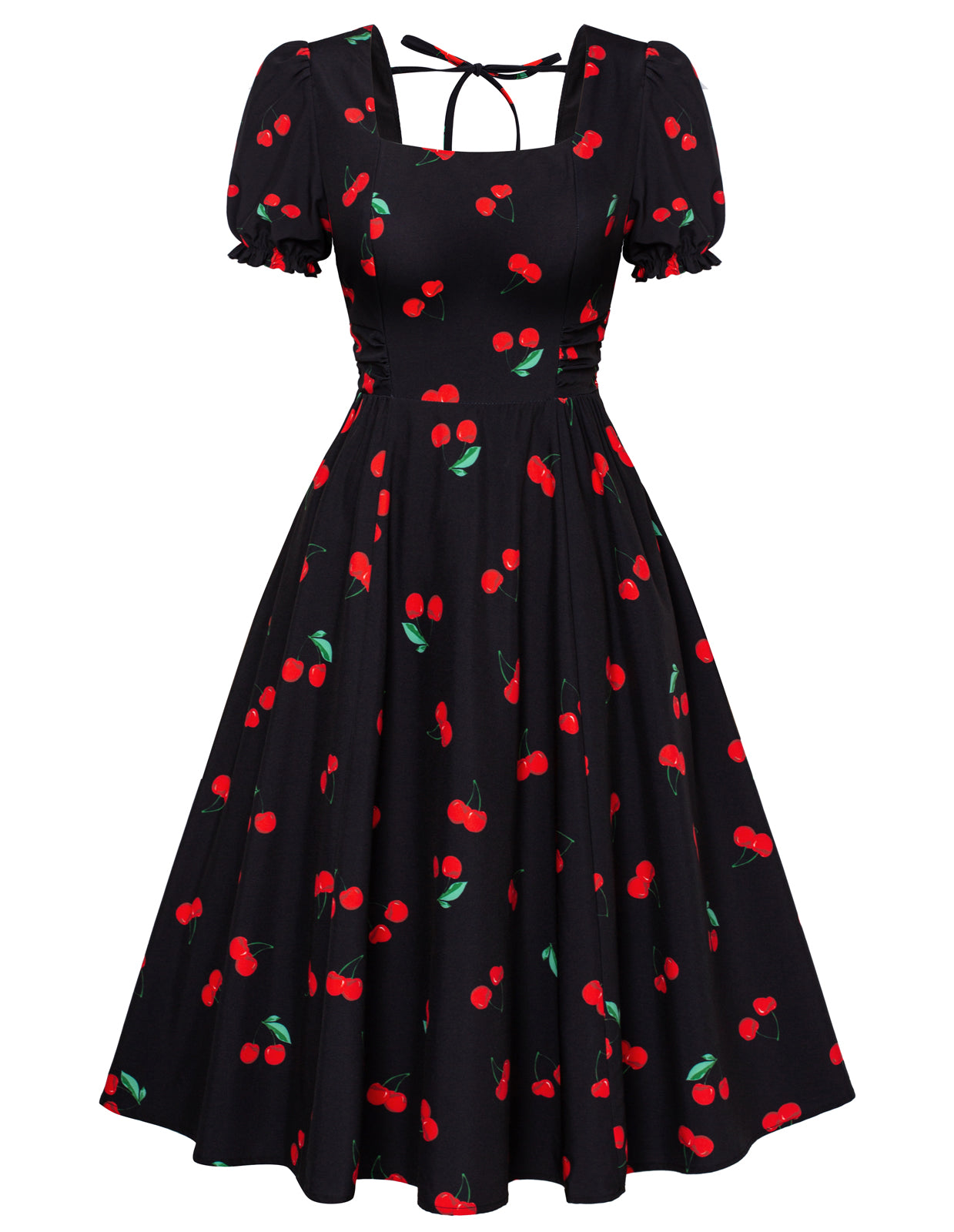 Vintage Daisy Flower Print Cottagecore Cocktail Dresses Square Neck Puff Sleeve Dress with Pockets