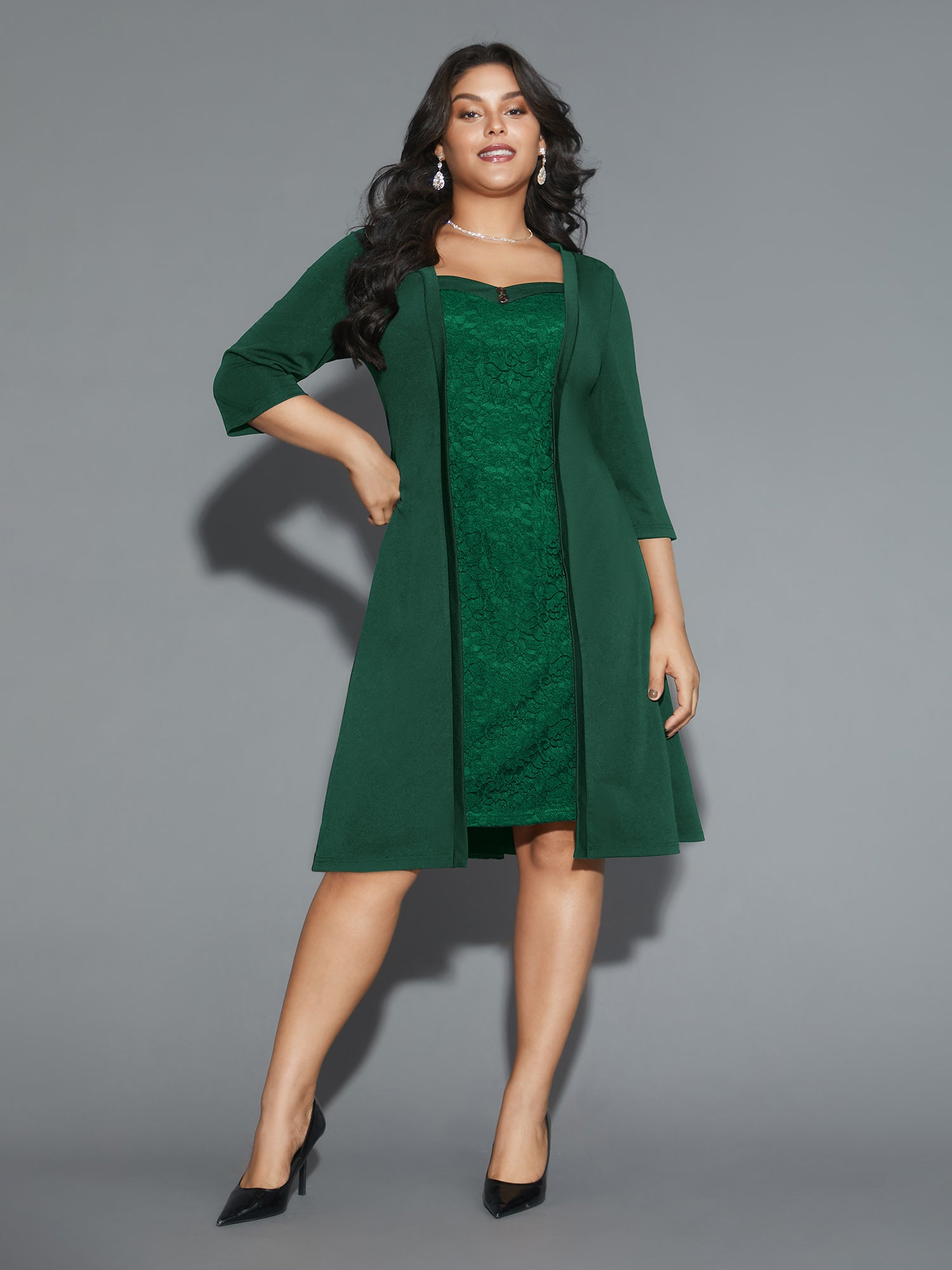 Lace Heart Neckline Pocket Midi Dress