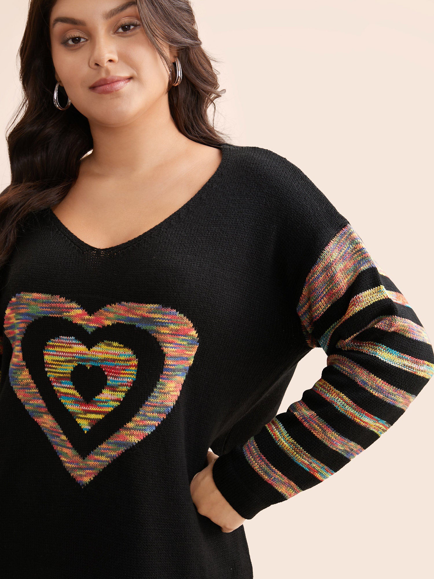 Contrast Heart Jacquard Drop Shoulder Pullover