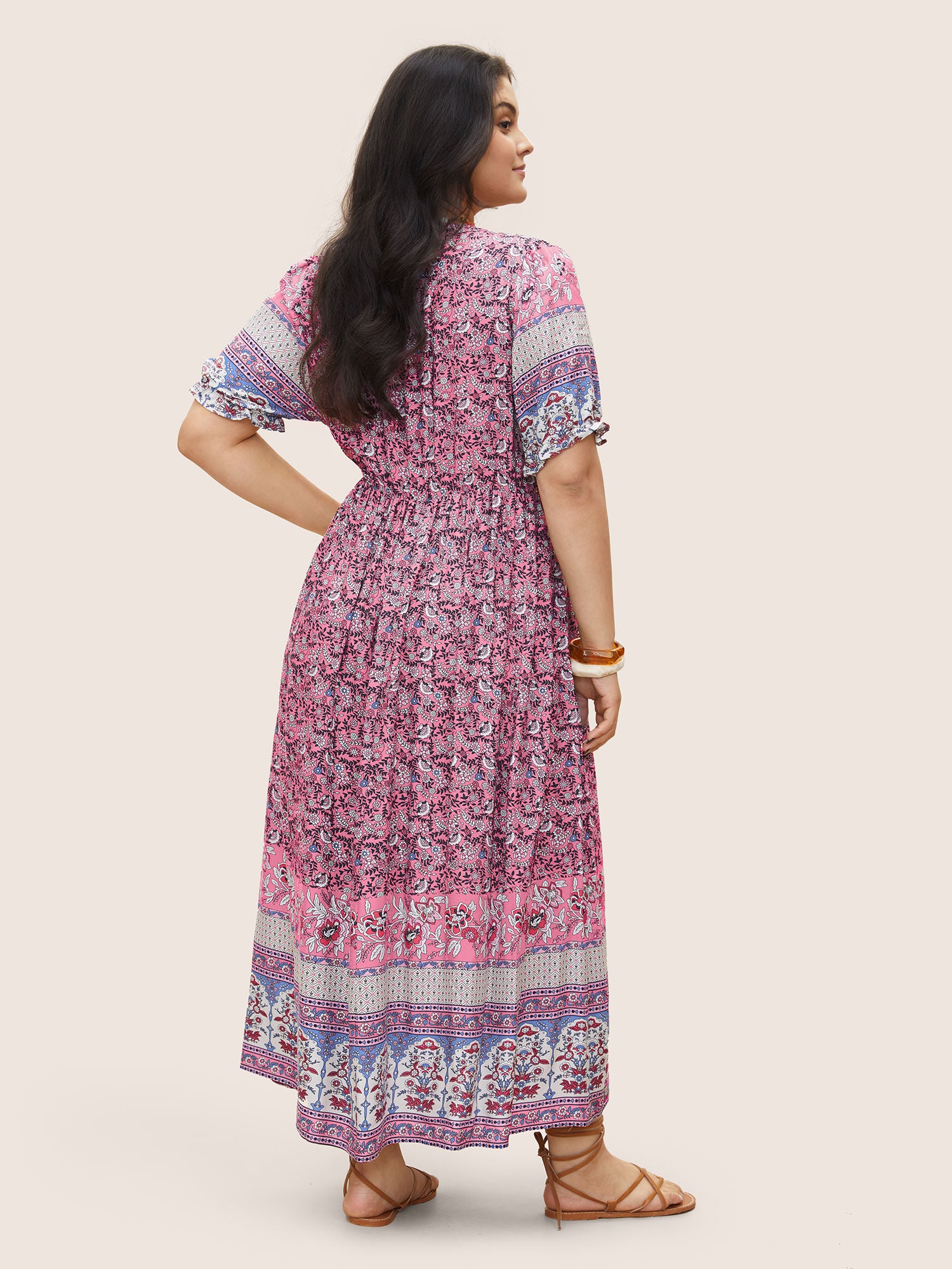 Boho Print Notched Ties Tassel Trim Dress