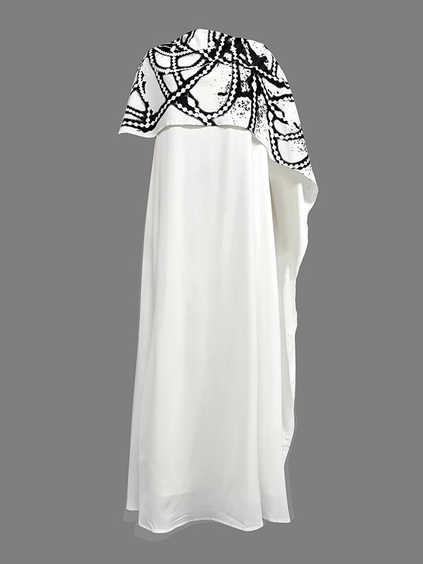 A-Line Capelet Contrast Color Printed Mock Neck Maxi Dresses
