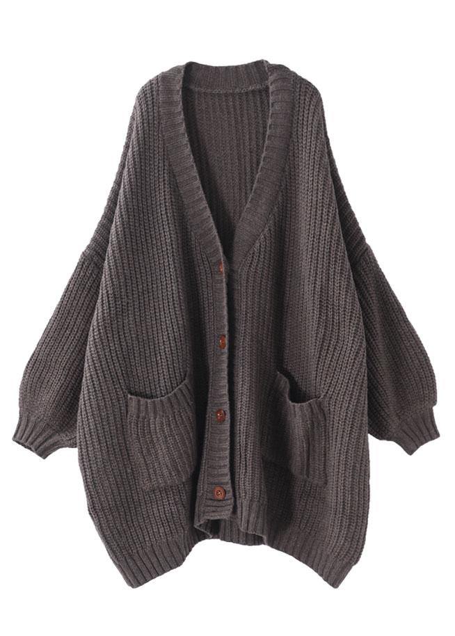 Stylish Chocolate Pockets Button Loose Fall Knitted Coat