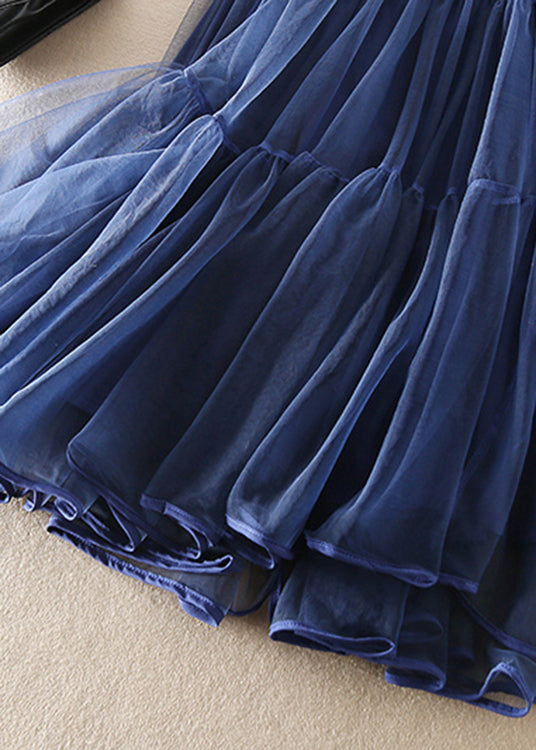 Blue wrinkled Patchwork Tulle Skirts Spring