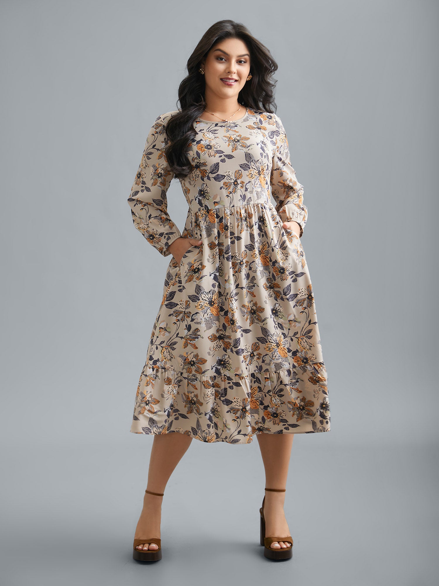 Floral Stretchy Waist-Cinched Pocket Dress