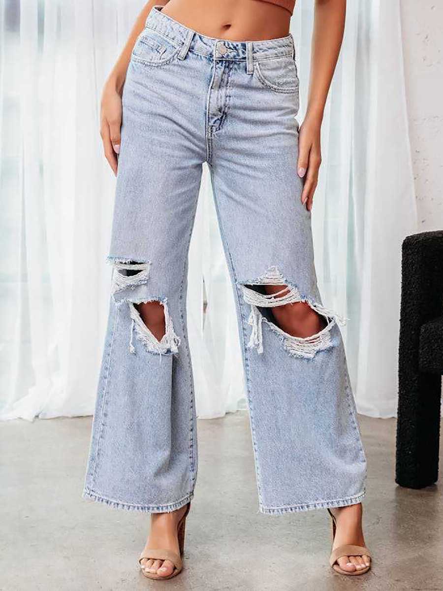 Stylish ripped mid-waist wide-leg denim pants