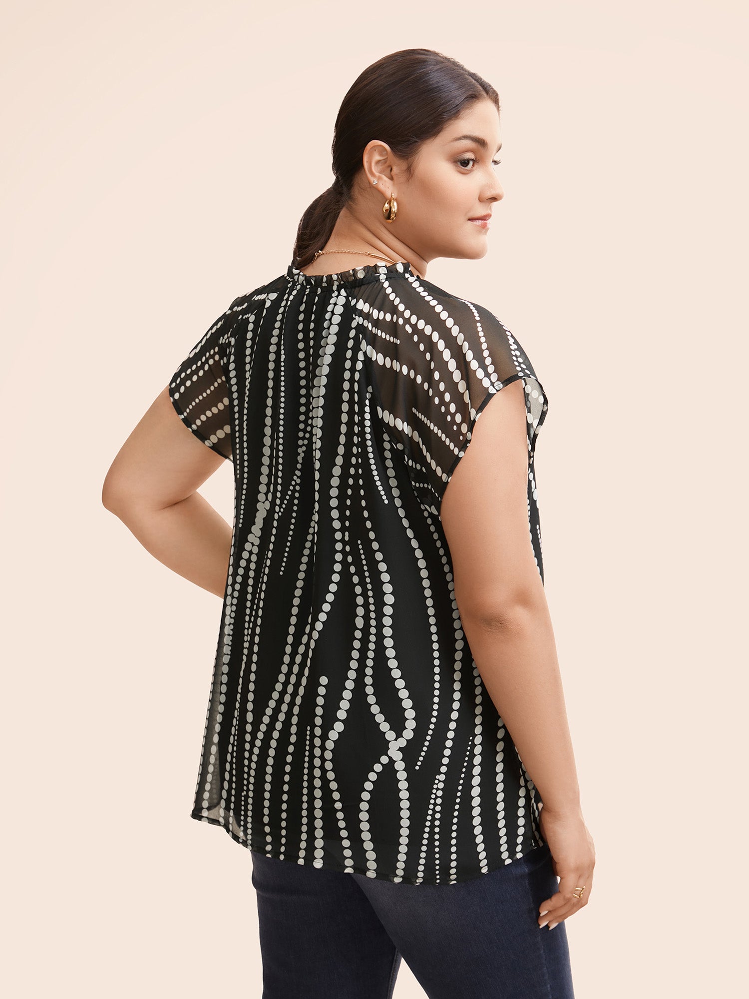 Polka Dot Mock Neck Mesh Patchwork Blouse