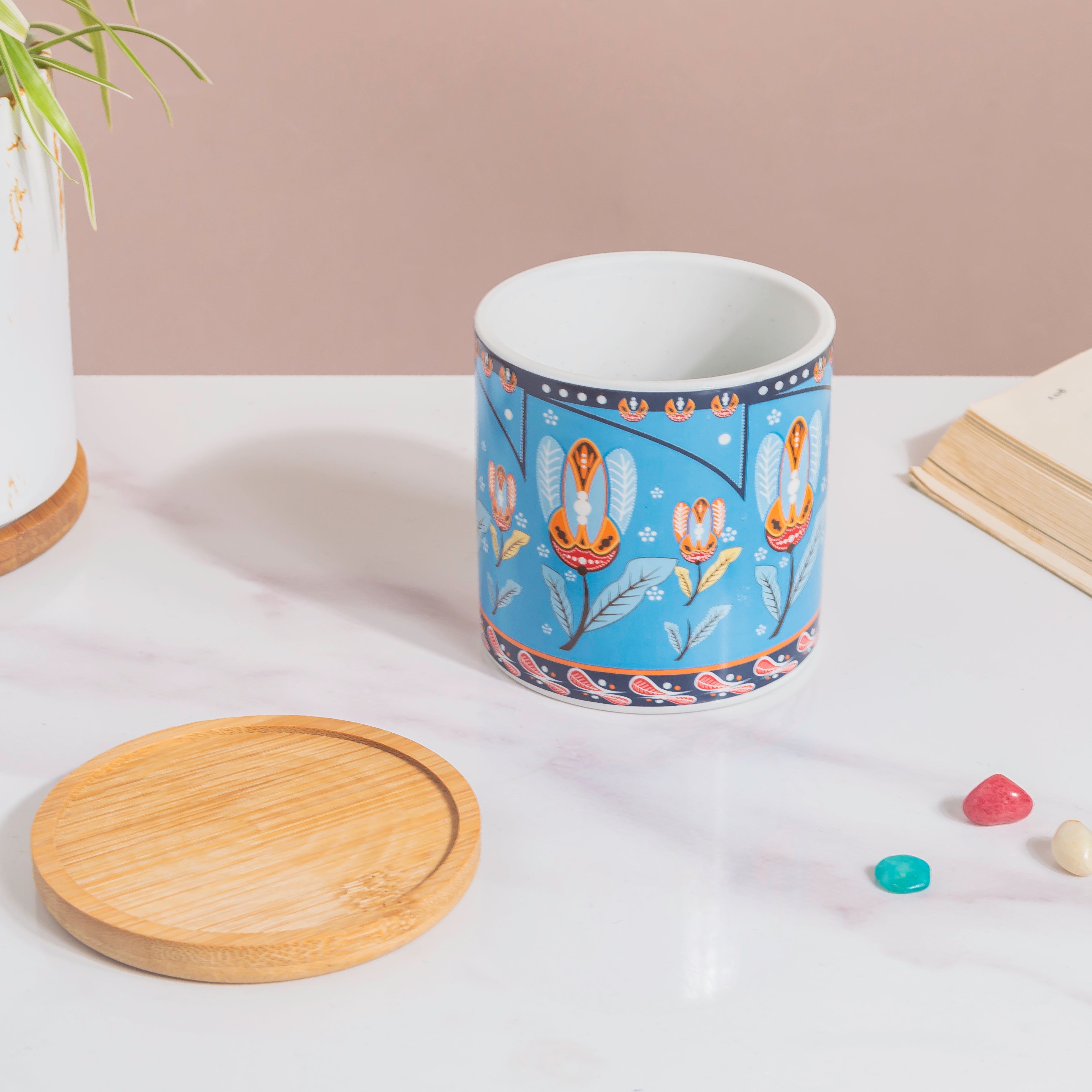 Cerulean Leaf Bloom Planter With Wooden Coaster