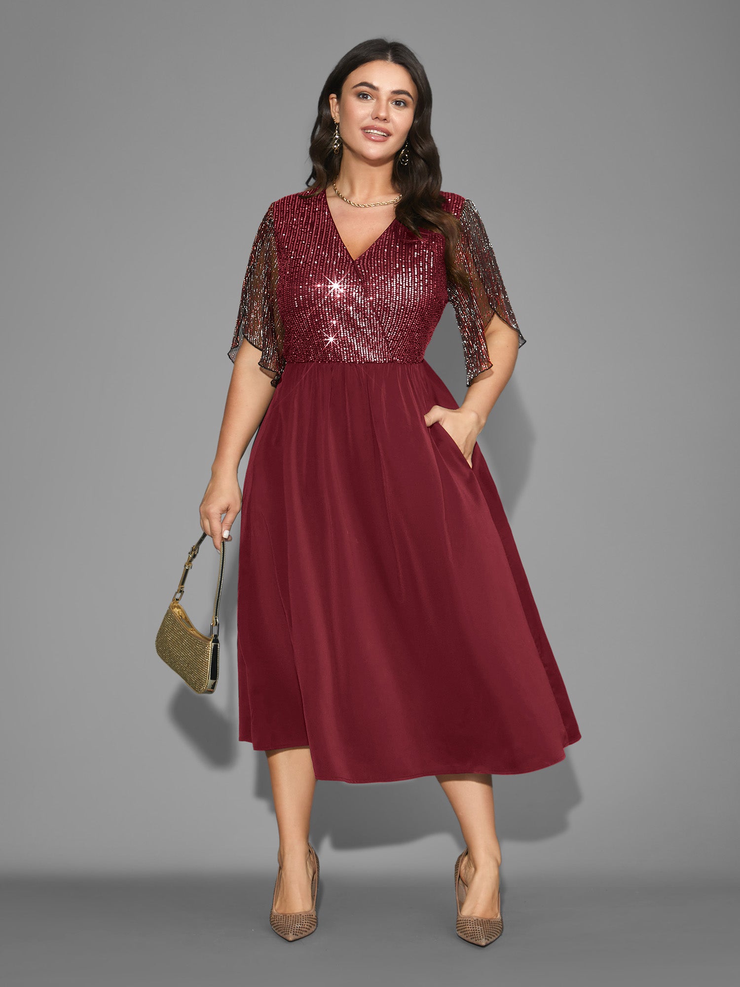 Sequin Mesh Petal Sleeve Midi Dress