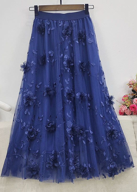 Simple Pink Embroidered Floral Tulle Maxi Skirt Summer