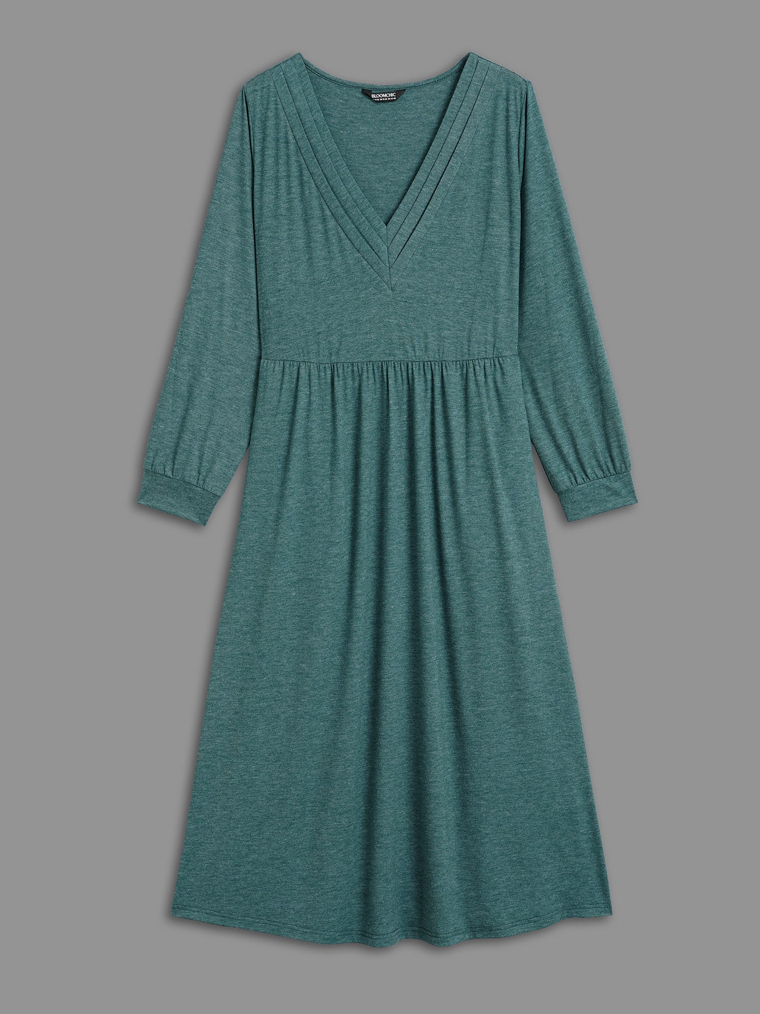 Solid V Neck Pleated Knit Dress