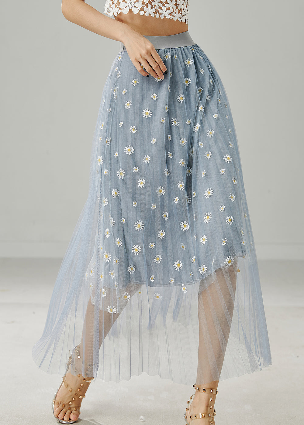 Boutique Blue Grey Chrysanthemum Embroidered Tulle Skirt Summer