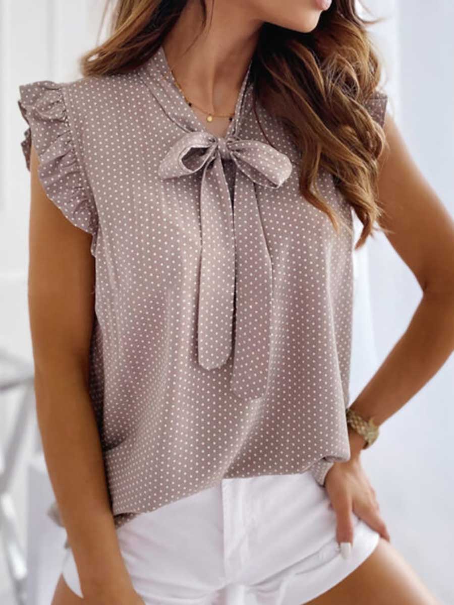 Polka Dot Bow Neck Sleeveless Blouse Top