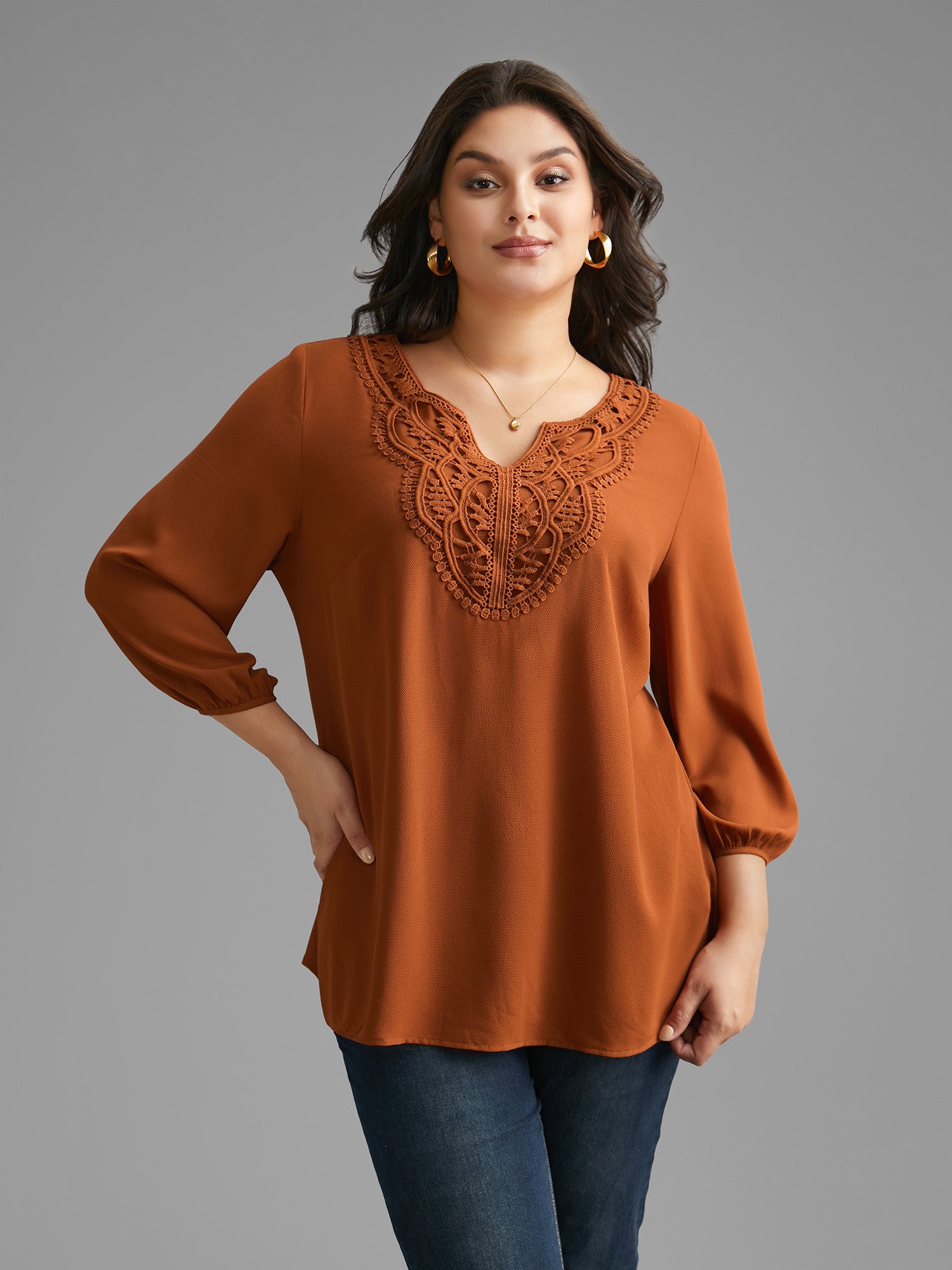 Notched Lace Trim Gathered Blouse