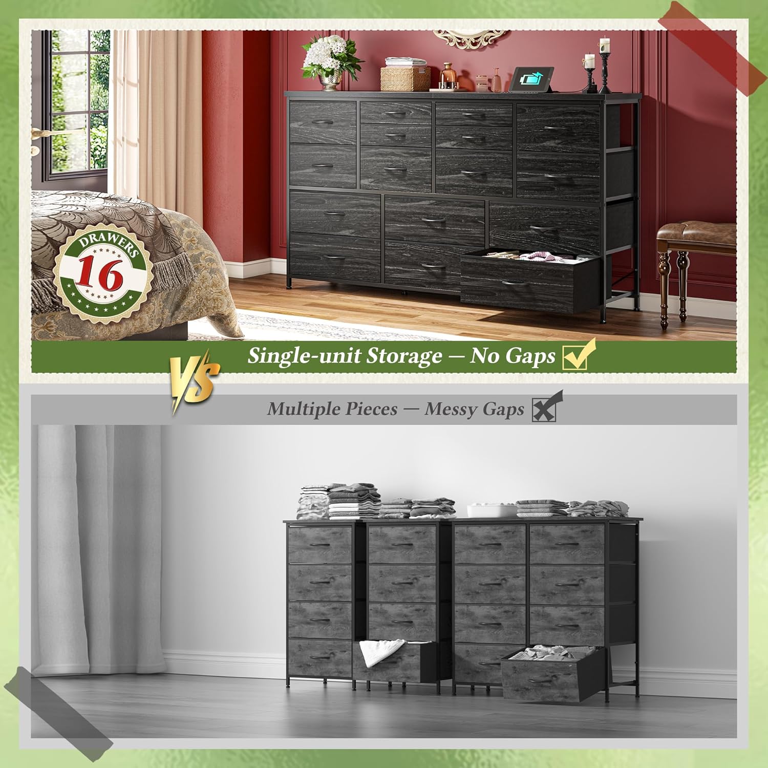 Dresser for Bedroom with 16 Fabric Drawers Long Dresser with Charging Station TV Stand for 60